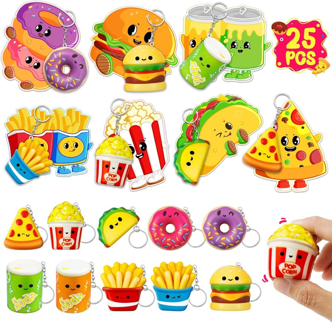 Valentines Day Cards for Kids School, 25 Pack Kids Valentines cards with Food Squishy Toy Keychains, Valentines Day Exchange Gifts, Ideal Classroom Prize & Party Favors