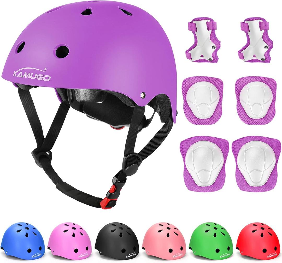 KAMUGO Kids Adjustable Helmet, with Sports Protective Gear Set Knee Elbow Wrist Pads for Toddler Age 2-8 Boys Girls, Bike Skateboard Hoverboard Scooter Rollerblading Helmet Set (Purple)