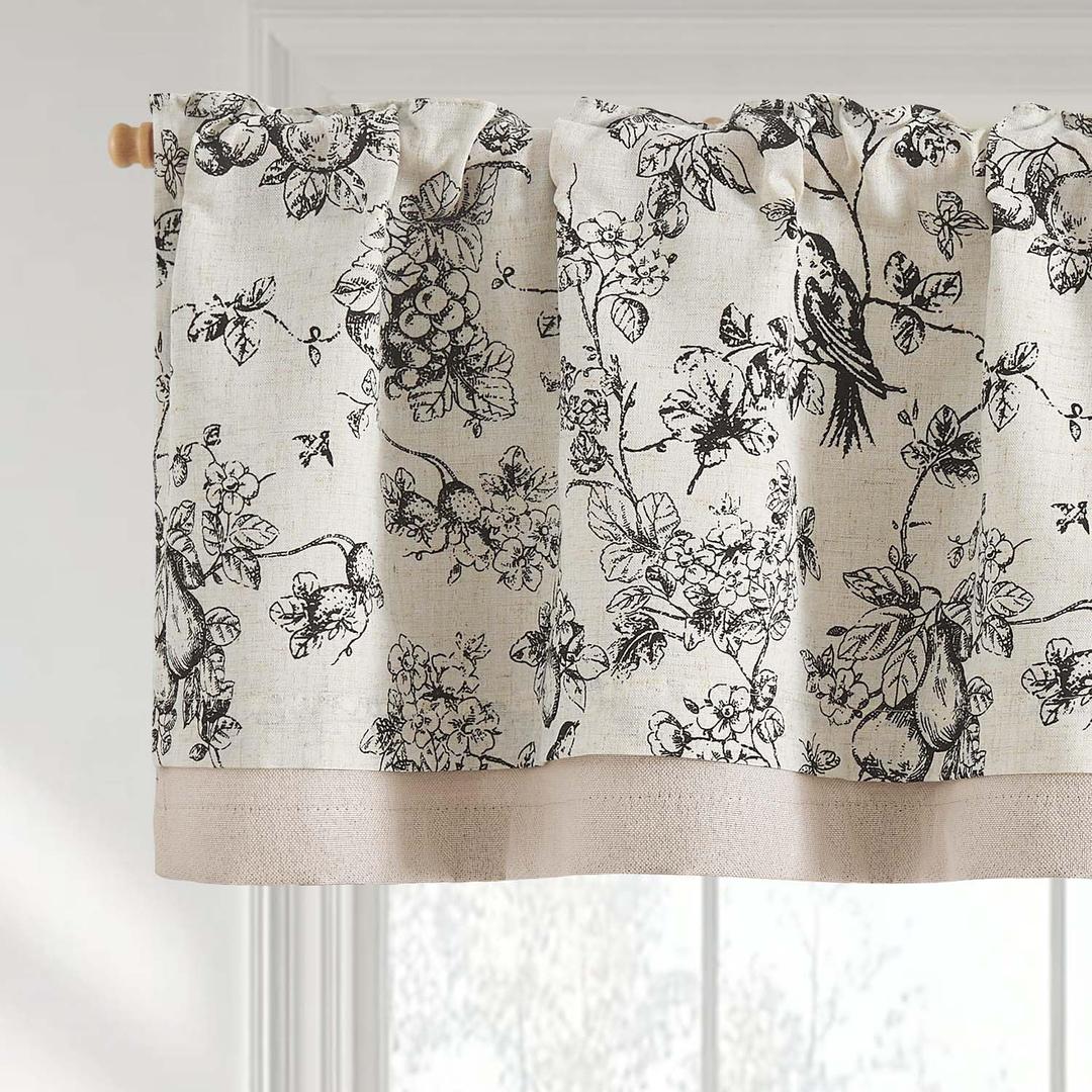 Vangao Linen Valance Curtain Farmhouse Floral Small Window Curtain Double Layer Light Filtering Valance for Kitchen Rustic Drape for Living Room Bedroom 18 Inch Rod Pocket 1 Panel Black on Beige