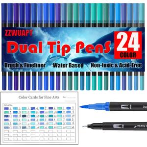 Blue Double Tip Brush Pens Art Markers,24 Colored Artist Fine Brush Pen Coloring Markers for Adult Book Drawing Art Craft Kit