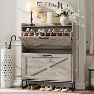 Maupvit Shoe Cabinet with 2 Flip Drawers, Freestanding Shoe Cabinet Organizer with Metal Legs, Shoes Storage Cabinet for Entryway, Narrow Shoe Rack Cabinet, Washed Gray Maupvit Shoe Cabinet with 2 Flip Drawers, Freestanding Shoe Cabinet Organizer with Metal Legs, Shoes Storage Cabinet for Entryway, Narrow Shoe Rack Cabinet, Washed Gray