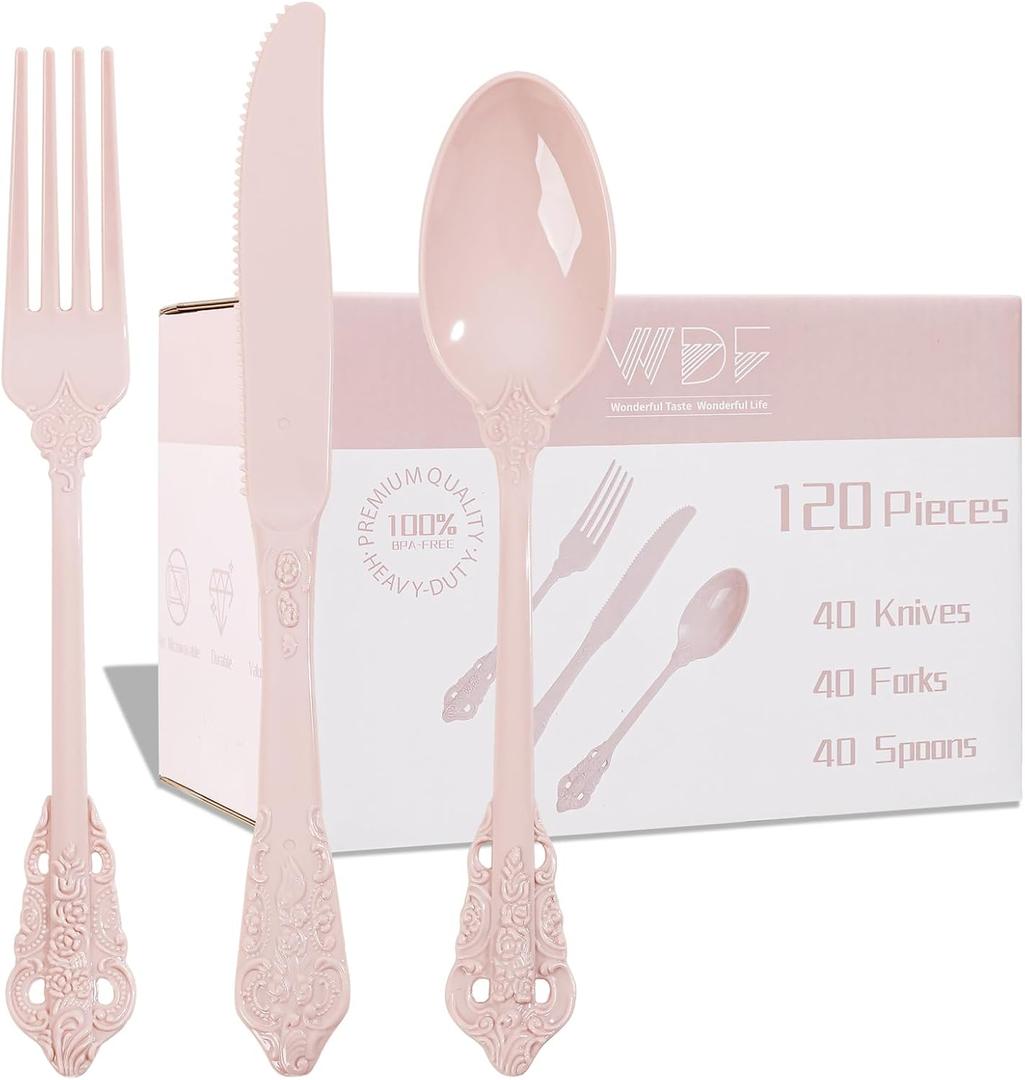 WDF 120 Pieces Heavy Duty Pink Plastic Cutlery Set - Disposable Utensils - Disposable Flatware Includes 40 Forks, 40 Spoons, 40 Knives for Party Baby Shower Wedding Spring Easter