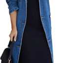 Women's Vintage Notched Collar Double Breasted Plus Size Loose Over Knee Denim Jacket Trench Coat with Belt (Blue, S)