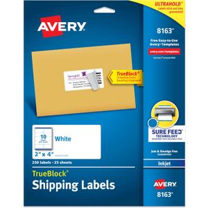 Avery Printable Shipping Labels with Sure Feed, 2" x 4" Customizable Stickers, White, 250 Blank Mailing Labels, Great for Mailing, Shipping, and More (8163)