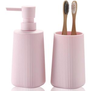 YAUKPH Bathroom Accessories Set 2 Piece Soap Dispenser and Toothbrush Holder for Bathroom Countertop Striped Pink