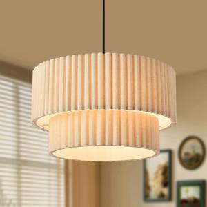 Sionfungluxx 17.72in Double Drum Fabric Pendant Light, Modern Beige Large Hanging Ceiling Chandelier Fixture with Linen Shade, Ideal for Dining Room, Living Room, Bedroom, and Kitchen