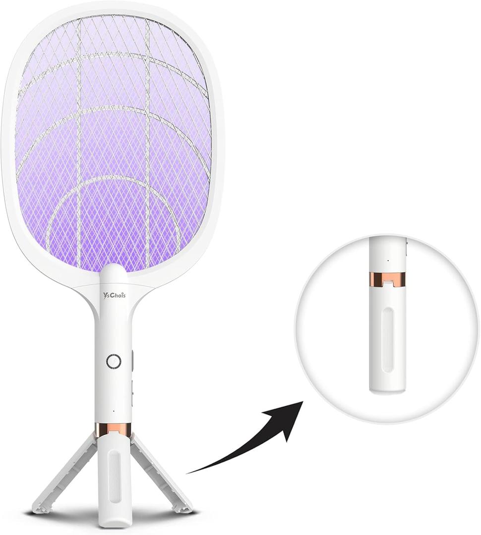 Electric Fly Swatter Racket, Rechargeable Fly Zapper - 4000 Volt, Exclusive 2-in-1 Bug Zapper Racket - USB Charging, 1800mAh Li-Battery, Indoor & Outdoor Use, White