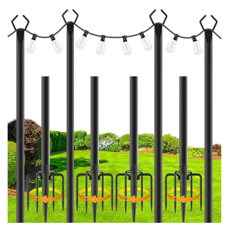 4 Pack String Light Poles for Outside, 10Ft Adjustable Outdoor Light Poles for String Lights, Outdoor Lighting Stand with Fork for Patio, Deck, Backyard, Garden, Party & Wedding