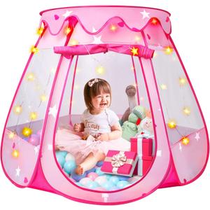 Princess Tent Girls Kids Playhouse Pop Up Play Tent with Star Light Tent for Kids Ball Pit Toys for 1,2,3 Years Girl Birthday Gift for Indoor Outdoor Toddler Girl Gift, Easy to Pop Up and Assemble