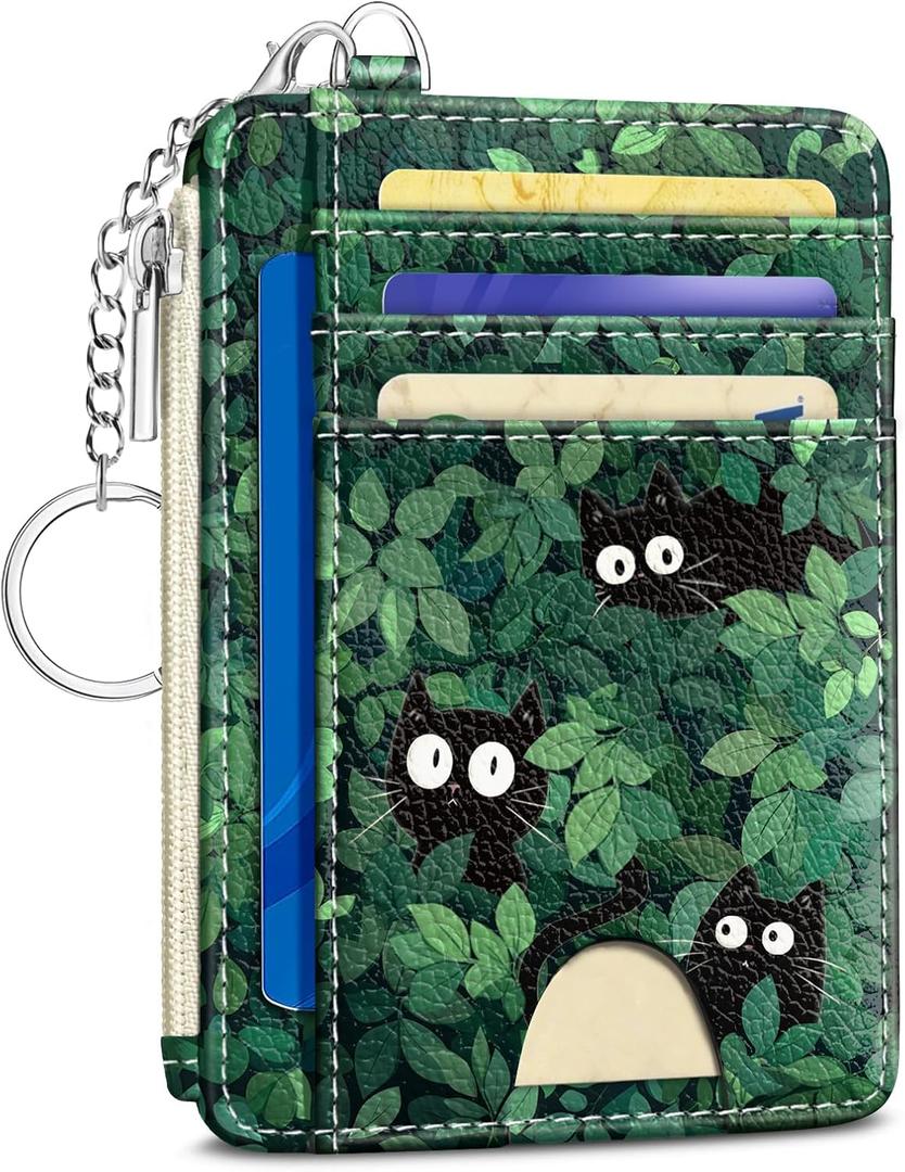 Cute Black Cat Credit Card Holder Small Wallet Women, Green Grass Slim RFID Blocking Wallet Woman Keychain with Zipper Coin Pocket, Front Pocket Thin Travel Card Case with ID Window for Ladies Gifts