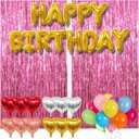4 x 77Pcs Pink Happy Birthday Party Decorations Kit, Happy Birthday Banner, Pink Streamers Tinsel Backdrop, 4 Colors Foil Heart Balloons with 50Pcs Colorful Balloons Party Decor for Girls Women Princess