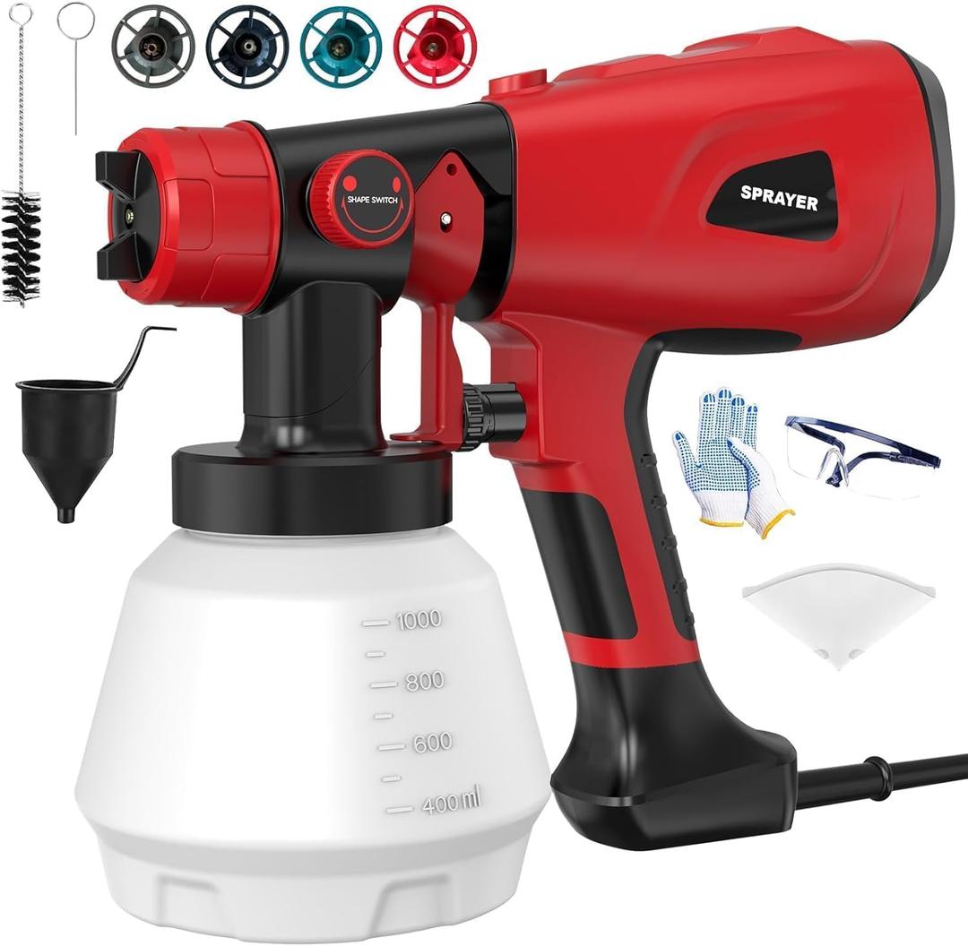 1000W High Power Paint Sprayer, Electric HVLP Spray Paint Gun with Adjustable Width Knob, 4 Nozzles & 3 Patterns, Easy to Clean for Furniture, Home Interior, House Painting (Red)