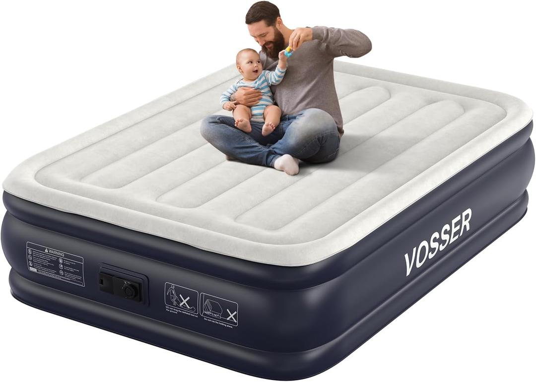 VOSSER Air Mattress Full with Built in Pump，18''Inflatable Mattress of Upgraded Vertical Beams，Self Inflatable/ Deflation Blow Up Mattress in 3 Mins, Flocked Top Airbed with Carry Bag for Home, Camping