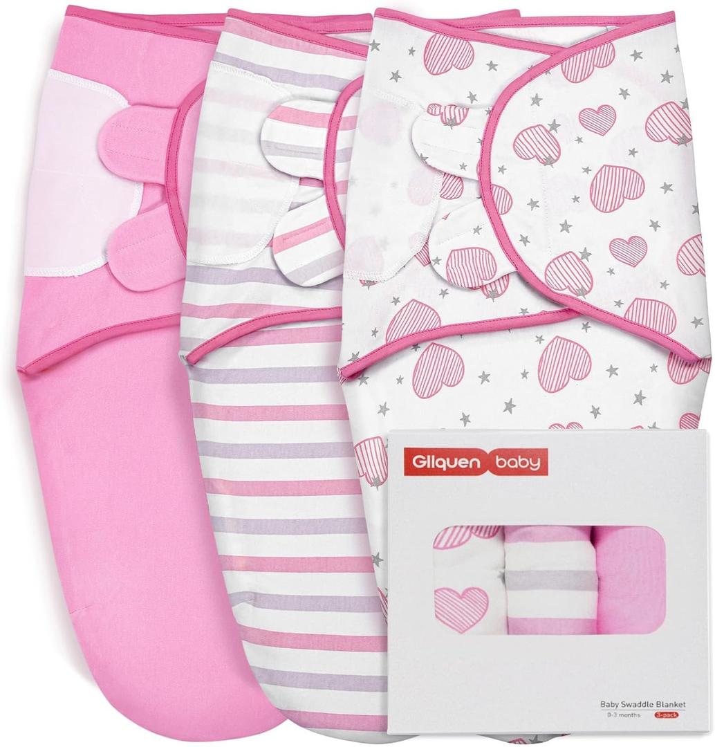 GLLQUEN BABY Swaddles for Newborns - 3 Pack Baby Adjustable Swaddle Sleep Sack for Boys and Girls 0-3 Months, Baby Wrap Swaddle Sack, Stripe & Heart, Nursery Essentials