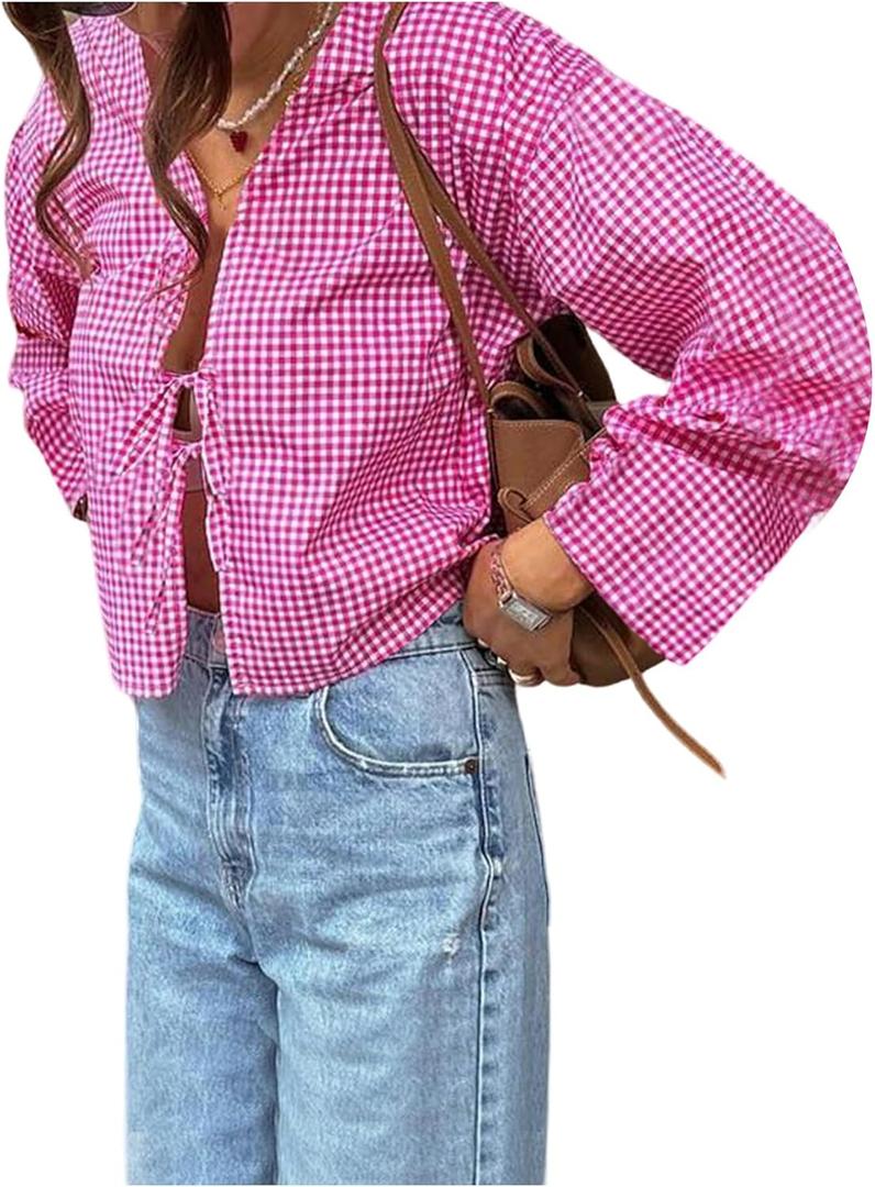 WDIRARA Women's Gingham Long Sleeve Blouse Tie Front Deep V Neck Summer Crop Tops Pink Large