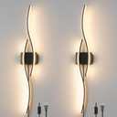 Modern Plug in Wall Sconces Set of Two, RC Dimmable LED Plug in Wall Light, Black Sconce Wall Lighting for Living Room, Hallway, Bedroom