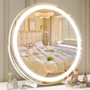 Vanity Mirror with Lights, 18 Inch Lighted Makeup Vanity, Smart Touch Control, 3-Color Dimmable Round Design, 360 Rotating Tabletop Mirror (White) (18"L x 18"W)