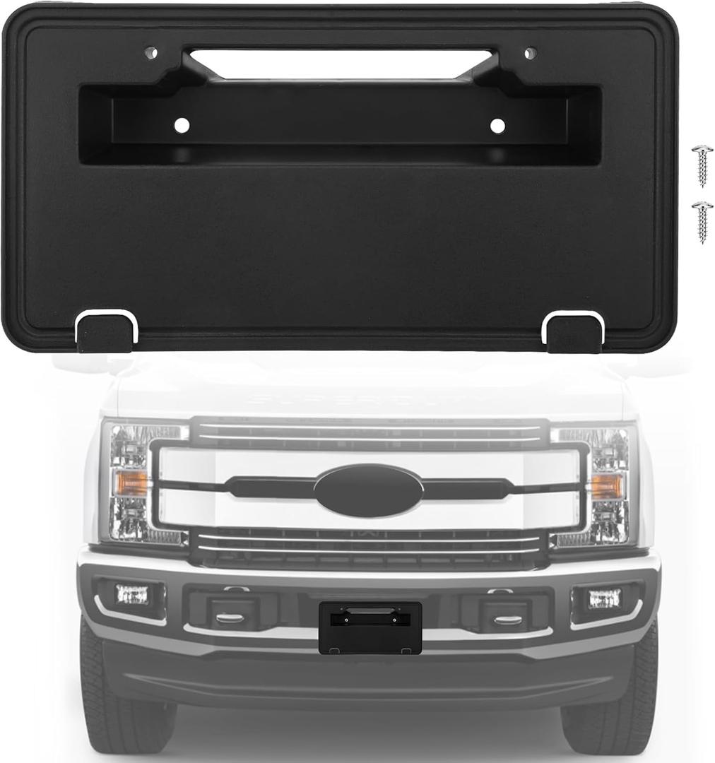 Front Bumper License Plate Frame Bracket Compatible with 2017-2019 Ford F250 F350 Super Duty, Black License Frame Holder Mounting Kit, Replace # HC3Z-17A385-AA FO1068183