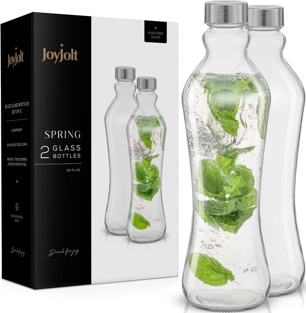 JoyJolt Glass Water Bottles - 2pc Set, 32 oz/1 Liter, Clear Glass with Stainless Steel Lids, Leakproof, Ideal for Juicing or Iced Tea