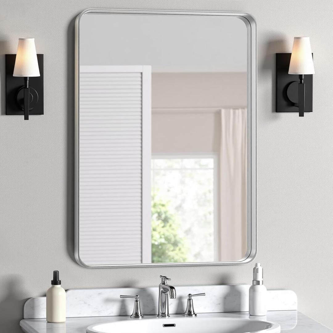 28x36 Inch Large Brushed Nickel Bathroom Mirror, Premium Aluminum Anti-Rust Frame, HD Wall Mounted Decorative Mirror, Oversized Rectangle for Double Vanity and Master Suite