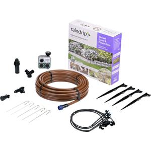 Raindrip SDGCBHP Automatic Drip Irrigation Watering Kit with Timer for Ground Cover & Flower Beds, Waters up to 200 Sq. ft, Timer with Customizable Settings & 13 GPH Half-Circle Adjustable Sprayers, Black;Galvanized Steel;Brown