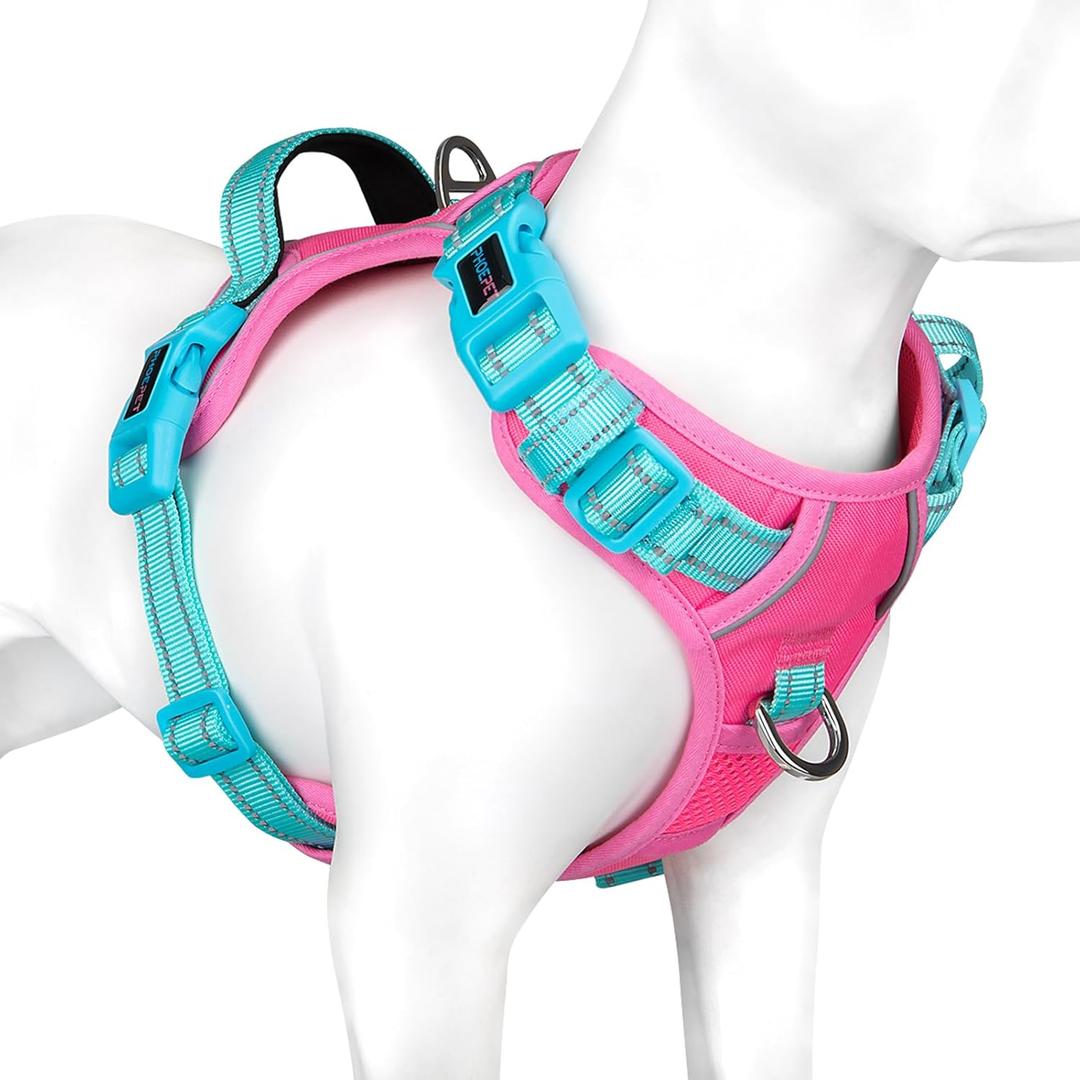 PHOEPET No Pull Dog Harness, Unique Colors Reflective Adjustable Dog Vest, with Soft Training Handle Metal Clips for Small Medium Large Dogs (Pink Base & Green Straps,S)