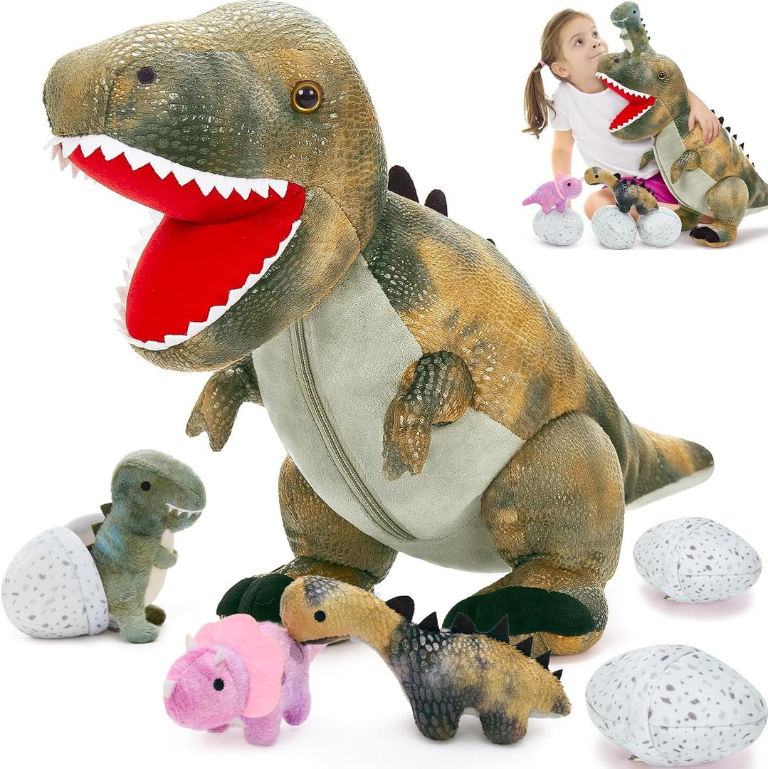 MorisMos Dinosaur Stuffed Animals Set,23.6'' Big Stuffed Dinosaur Mommy + 3 Baby Dino Toys+3 Plush Dino Eggs, Boy Girl T-Rex Toys for Kid Birthday Gift,Realistic T-rex, CPC Certified,Machine Washable