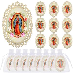 Quelay 12 Pcs Our Lady of Guadalupe Wooden Picture Frames with Organza Gift Bags Oval Style Baptism Favors for Guests Christening Memorial Engrave Guest Gift Catholic Gifts