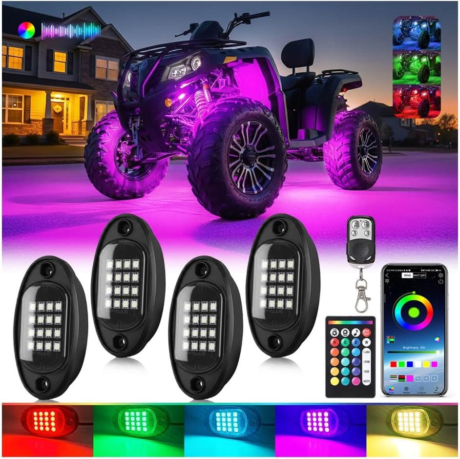 4Pods RGB LED Rock Lights for UTV SXS RZR Can-Am Four Wheeler Side by Side ATV Offroad Golf Cart, Multicolor Underglow Light Kit with APP/RF Remote Music Sync Neon Vehicle Accent Light 12V Waterproof
