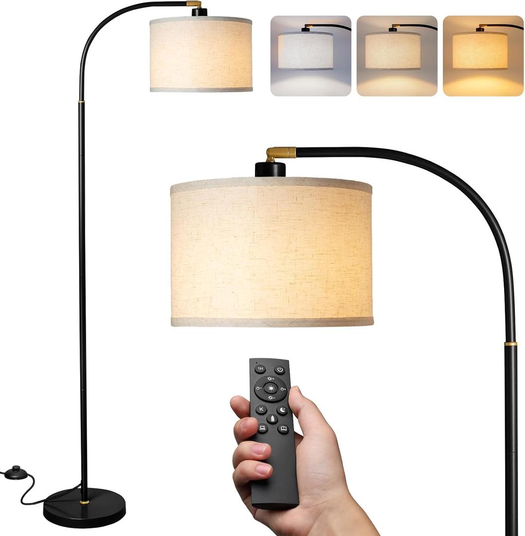 Arc Floor Lamps for Living Room, Modern Standing Lamp with Remote Dimmable Floor Lamp with Linen Shade, Tall Lamp for Bedroom Office Dining Room (Black)