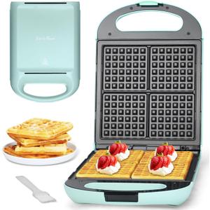 Baker’s Friend Belgian Waffle Maker, Square Waffle Iron, Waflera Electrica, Non Stick Cooking Plate, Classic & Multi Waffle Makers, 4Slice, Aqua