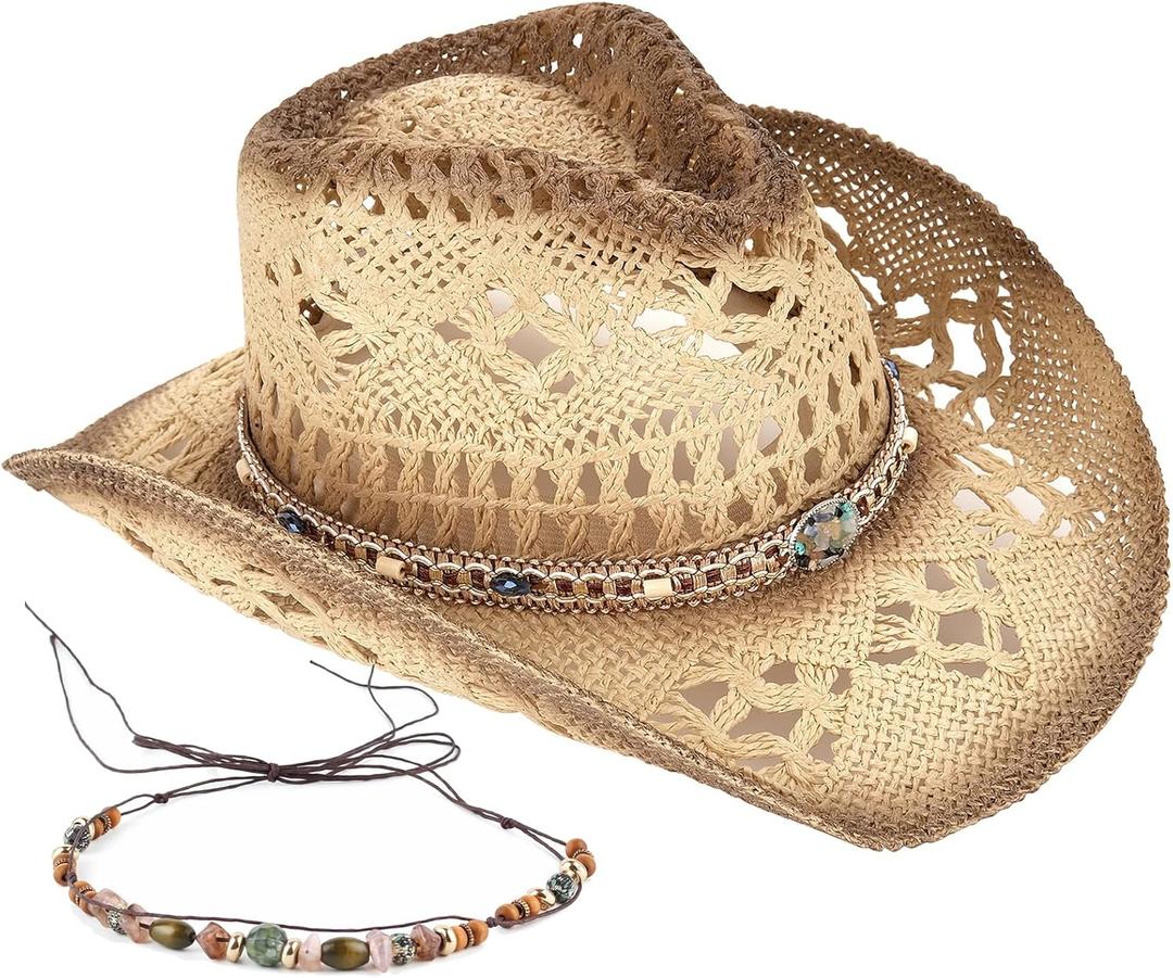 Men's Women's Straw Cowboy Hat Cowgirl Woven Sun Hat Western Cowboy Hat Two Decorative Bands, One Size