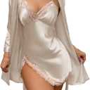 SEAUR Women's Satin Robe Set 2 Piece Silk Pajamas Sets Lace Cami Nightgown with Kimono Robes Nightwear (Large, Champagne)
