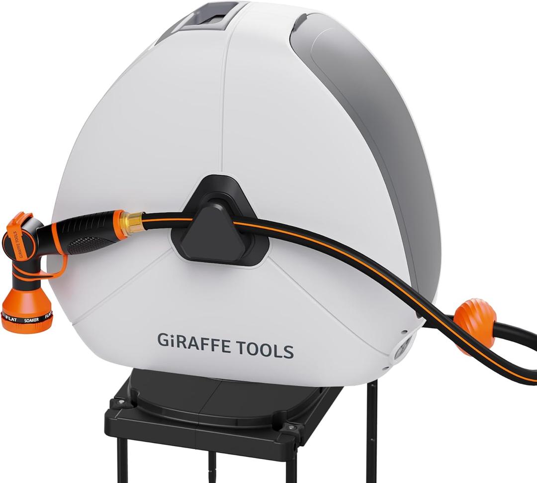 Giraffe Tools Retractable Heavy Duty Hose Reel, 1/2" x 130FT Automatic Rewind Garden Hose Reel with 360° Swivel Base, Ground Mounted for Lawn, Patio, Concrete Floor & Yard Watering