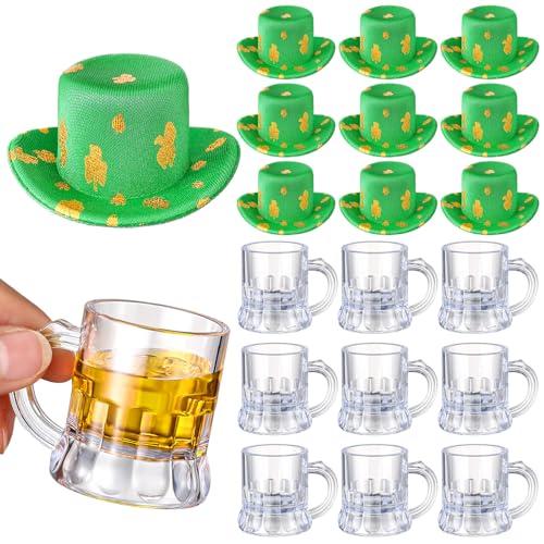 Pickmesh 20 Pcs Mini Beer Mug St. Patrick's Day Shot Glasses Green Leprechaun Hats 1 oz Plastic Beer Mug Clear Shot Glasses with Handle Irish Green Party Cup for St Patrick Party Mini Doll Accessories