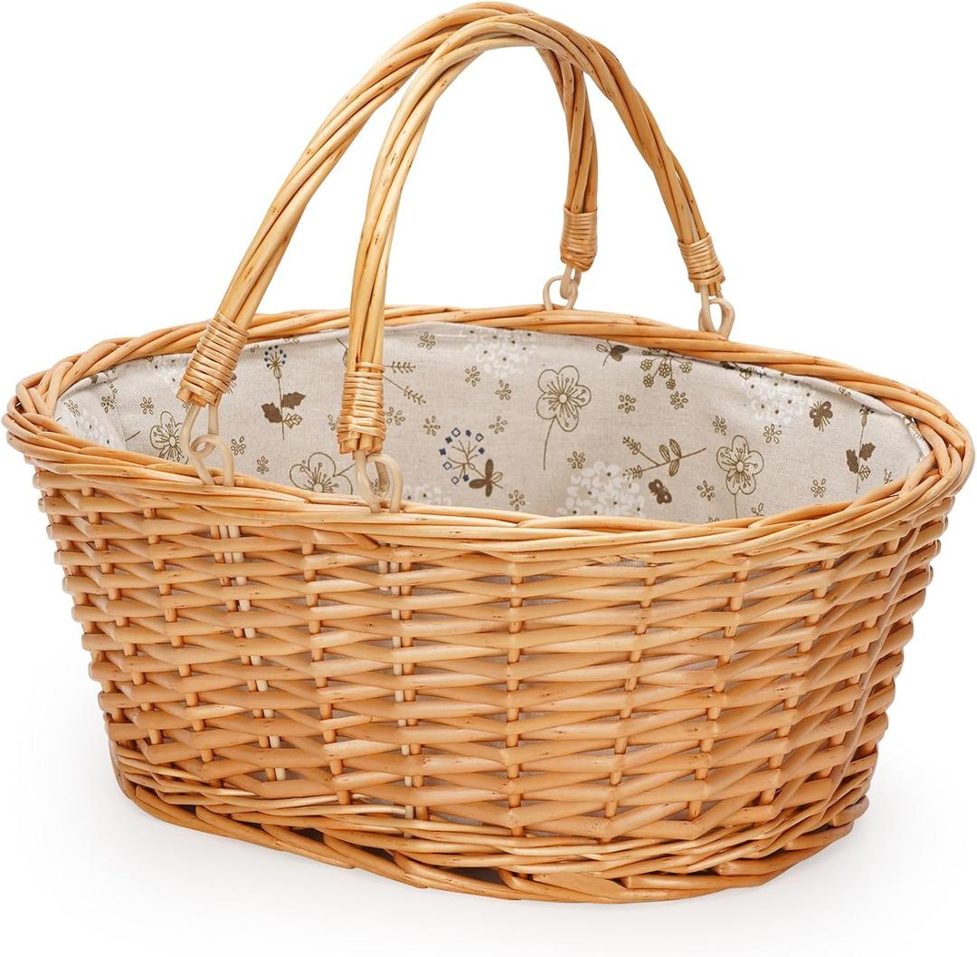 Wicker Picnic Basket with Double Folding Handles, Natural Large Willow Hamper Empty Basket Cheap Easter Eggs Candy Storage Basket for Toy, Flower, WeddingWhite 16inch
