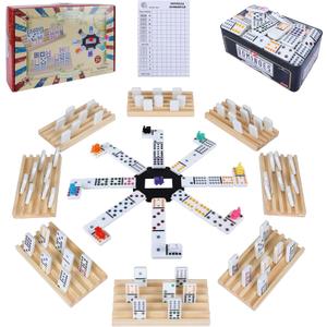 Double 12 Mexican Train Dominoes Set for Adults with 8PCS Wooden Holders, 9 Train Markers, 91 Color Dot Tile Dominos in Tin Box & Hub - Classic Family Board Game Set Party Toy Gift for Kids