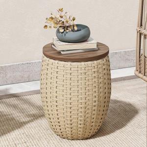 YITAHOME Drum Side Table - Handwoven Rattan End Table with Solid Wood Lid | Indoor/Outdoor Multi-Functional Storage Container for Living Room, Patio, Bedroom | No Assembly (Brown)