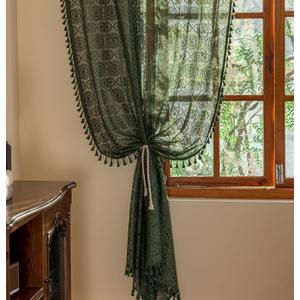 YJ YANJUN Boho Lace Curtains 54 inch Length 2 Panels -Vintage Floral Crochet Sheer Panels with Tassel for Living Room Bedroom Light Filtering Cottagecore Bohemian Drapes Dark Green W59 x L54