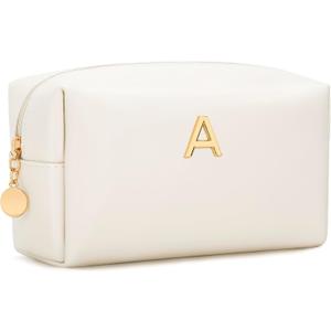 Gifts for Women Bridesmaid Gifts Personalized Initial Makeup Bag PU Leather Cosmetic Waterproof Travel Toiletry Bag (Beige A)