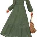 ZESICA Women's 2026 Spring Long Sleeve Maxi Dress V Neck Hollow Out Eyelet A Line Long Flowy Casual Party Dresses (Green, M)