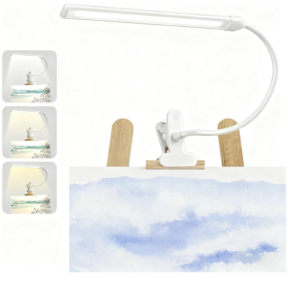 Lamptobe Clipon Easel Lights for Artists Painting with On/Off Switch Cord, 3 Color Modes, Dimmable Clip Lamps for Over Painting Easel, Desk, Drawing with Flexible Arm, USBPowered (White)