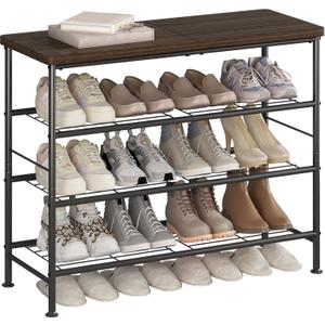 Shoe Rack Organizer 4 Tier for Closet Entryway Free Standing Metal Storage Shoe Shelf with MDF Top BoardBlack (Black+Rustic Brown)