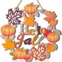 Soochat Hello Fall Wreaths, Fall Door Wreath, Wooden Fall Door Sign Hanging Pumpkin Maple Leaf Wreath with Autumn Sign for Thanksgiving Fall Harvest Outdoor Indoor Party Decor
