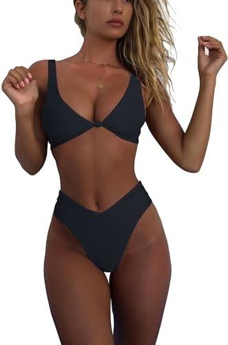 geluboao Bikini Set for Women Solid V Neck Knot Front Push Up Swimsuit Size (Small) (Top Only)