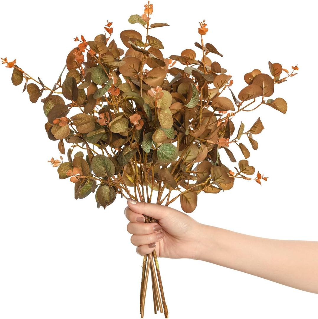 Ling's moment Artificial Plants Amber Eucalyptus Leaves Branches,6Pcs 17.5" Tall Fake Greenery Filler w/Stems, Realistic Texture Money Plant Leaves Decor for Wedding Bouquets/Table Centerpieces, Room