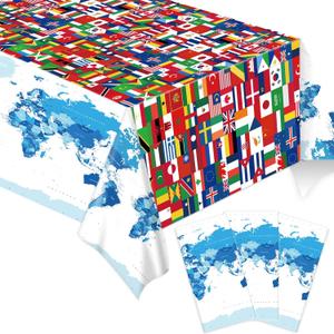party greeting 3Pcs International Flag Table Decorations World Flag Tablecloth Disposable Rectangle Desktop Table Cover Plastic Tables Cloth for Birthday Party Decor Supplies Favors 108 x 54 Inch