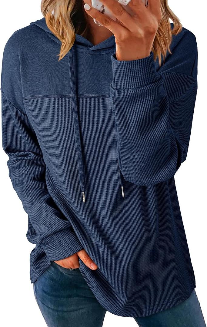 Dokotoo Womens Hoodies Casual Waffle Knit Long Sleeve Drawstring Pullover Sweatshirts Lightweight Hooded Tops (Blue), XL