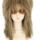 yuehong Long Light Brown Women Wig Mullet Wig 70s 80s Rocker Wig Heavy Metal Style Cosplay Costume Wig with Necklace