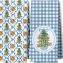 Blue and White Chinoiserie Christmas Tree Bow Kitchen Towels 16x24 Inch Set of 2, Grandmillennial Christmas Dish Towels for Kitchen, Coquette Bow Wreath Decorative Hand Tea Towel for Bathroom